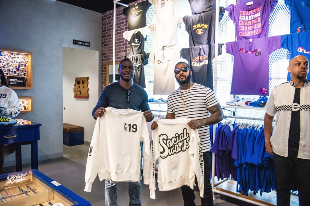 Champion store activation with Social Works merchandise