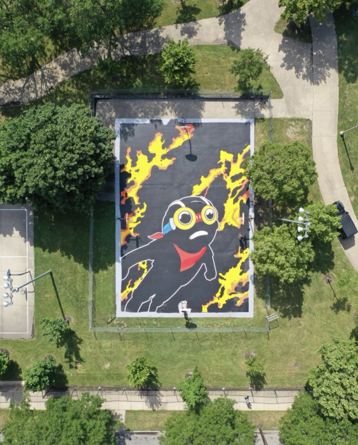 Community mural installation, aerial view